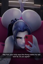 1girls ai_generated almost_naked ass_focus ass_up big_ass fat_ass female_only huge_ass phone snapchat tagme text thong wide_hips widowmaker