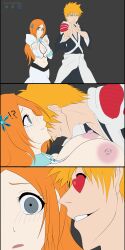 auburn_hair big_breasts bleach brown_eyes dancing doujin dress female gray_eyes heart_eyes ichigo_kurosaki inoue_orihime male nervous nervous_face nervous_smile nervous_sweat nipples oldhorrorz orange_hair sole_female sole_male white_dress