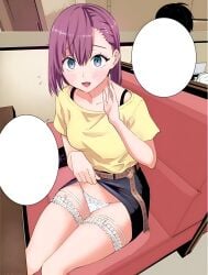 1girls 2.5_jigen_no_ririsa amano_ririsa arm_raised bare_legs bare_thighs belt big_penis blue_eyes blush breasts collarbone colored hashimoto_yuu lingerie manga miniskirt official_art open_mouth panties panties_under_skirt purple_hair restaurant shiny_skin short_hair shoulder_strap sitting sitting_on_table skirt_lift thighs white_lingerie white_panties yellow_shirt zettai_ryouiki