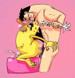 1nsomn1c black_hair blue_eyes captain_hero comedy_central drawn_together duo ejaculation from_behind_position hair hairy_balls human male male/male mammal nude pink_background sex simple_background sockbat_(species) wooldoor_sockbat yellow_body yellow_skin