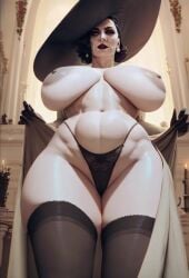 1female ai_generated alcina_dimitrescu big_thighs busty female huge_breasts low_angle mature_woman milf nsfwaibs pale-skinned_female pale_skin panties resident_evil resident_evil_8:_village stockings taller_female thick_thighs