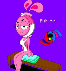 anthro breasts grown_up hips looking_at_viewer masterpinpey pink_swimsuit rabbit_girl sitting swimsuit themed_clothes yin_(yin_yang_yo!) yin_yang_yo!