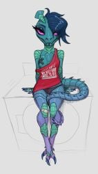 after_transformation alien antennae_(anatomy) anthro arthropod blue_hair breasts carapace female glistening glistening_body hair hi_res insects multicolored_body parasite phlegraofmystery solo tail tail_between_legs trans_(lore)