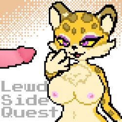 1:1 anthro big_breasts breasts clawroline curious digital_media_(artwork) felid female genitals human_on_anthro kirby_(series) leopard lewdsidequest male_human/female_anthro male_on_anthro mammal pantherine penis pixel_art smile unseen_male_face