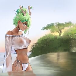 1girls bare_shoulders big_breasts bikini bikini_bottom breasts ceres_fauna dark-skinned_female ear earrings exposed_shoulders female female_only flowers_in_hair green_hair highres hololive hololive_english hololive_english_-council- hololive_english_-promise- horns midriff mole mole_under_eye navel nipples nipples_visible_through_clothing no_bra panties req reqqles see-through see-through_clothing see-through_top sleeveless smile smiling solo standing standing_in_water stomach tagme tied_hair topwear transparent_clothing virtual_youtuber waist water white_bikini white_bikini_bottom white_panties white_topwear yellow_eyes