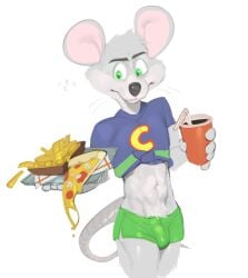 1boy 2024 anthro anthro_only awkward bulge chuck_e_cheese chuck_e_cheese_(franchise) clothed eyebrows food french_fries furry green_eyes green_hair green_shorts grey_body hi_res knotted_shirt kogito looking_at_object male_only mammal mascot mouse murid murine navel object_in_hand pizza pubic_hair shorts simple_background solo sweatdrop tagme tail tied_shirt toony twink underwear waiter white_background