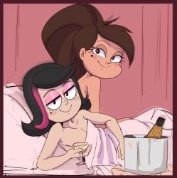 2boys and androgynous bed brown_eyes brown_hair champagne dbaru disney disney_channel femboy feminine_body feminine_male guy_hamdon in_bed latino_male marco_diaz no_text ponytail princess_marcia princess_marco shezow shezow_(character) side_view smile smiling smiling_at_viewer yaoi
