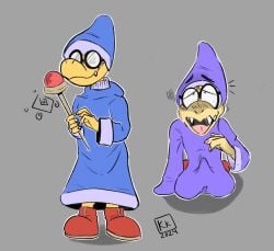 2024 5_fingers anthro biped blue_cloak blue_clothing blue_hat blue_headwear bulge cloak clothing dated erection eyewear fangs fingers floating_eyebrows footwear front_view glasses grey_background hat headgear headwear hi_res holding_wand kamek kickingkeldeo kneeling koopa looking_up magic_wand magikoopa male mario_(series) nintendo open_mouth purple_cloak purple_clothing purple_hat purple_headwear red_clothing red_footwear red_shoes round_glasses scalie shadow shoes signature simple_background solo standing teeth tenting tongue yellow_body yellow_skin