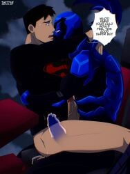 2boys anal blue_beetle bottomless ef_drawings gay lifting male_focus male_only mask muscle sitting_on_person suit superboy text x-ray yaoi young_justice