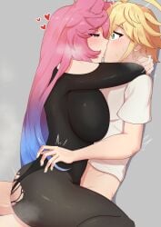 1boy arms_around_neck blonde_hair blue_hair blush bodysuit breasts cleo_(dragalia_lost) cowgirl_position dragalia_lost embrace euden female gradient_hair green_eyes grey_background heart hexel_chan highres hug hugging implied_sex kissing large_breasts leggings multicolored_hair pink_eyes pink_hair simple_background skin_tight straddling straight torn_clothes torn_leggings twitching upright_straddle