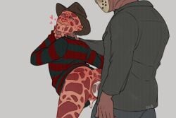 2boys crossover cuntboy cuntboy/male darkandgoofy freddy_krueger gag halloween jason_voorhees male_focus male_only mask monster restrained tagme vaginal_penetration