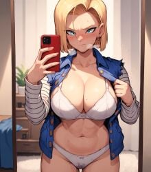 1girls ai_generated alex-schura android_18 bangs bed bedroom blonde_hair blue_eyes blue_jacket blush bow bra breasts cellphone clavicle cleavage closed_mouth clothing completely_nude curvaceous curvaceous_female curvaceous_figure curvy curvy_figure denim denim_jacket dragon_ball dragon_ball_super dragon_ball_z earrings female female female_focus female_only forehead holding holding_phone indoors jacket jewelry large_breasts long_sleeves looking_at_viewer mirror navel open_clothes open_jacket open_shirt pantsu phone plant reflection selfie shirt short_hair smartphone solo standing stomach striped striped_shirt striped_sleeves sweat thick_thighs thigh_gap thighs torn_clothes underwear voluptuous voluptuous_female wet wet_clothes wet_panties white_bra white_panties white_underwear