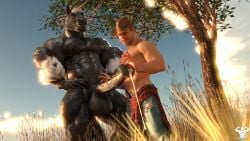 2boys 3d 3d_(artwork) abs anthro balls bara big_balls big_muscles big_nipples big_pecs big_penis black_fur cowboy cowboy_hat daddy dazswole dilf duo equine equine_penis erection gay hair horse huge_balls huge_cock huge_muscles human human_on_anthro hunk interspecies larger_anthro larger_male male male/male male_only muscular muscular_anthro muscular_human muscular_male outdoors size_difference smaller_human smaller_male topless topless_male white_mane yaoi