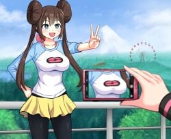 2girls black_legwear blue_eyes breast_focus breasts brown_hair cellphone collarbone creatures_(company) day double_bun ferris_wheel game_freak hair_between_eyes hair_bun highres hilda_(pokemon) human implied_yuri jpeg landscape large_breasts long_hair meme meme_template multiple_girls nintendo no_headwear open_mouth outstretched_arm pantyhose pervert_female phone pokemon pokemon_bw pokemon_bw2 raglan_sleeves ribbon rosa_(pokemon) shirt shorts sidelocks smile standing taking_picture the_only_shoe v yellow_shorts