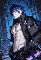 1boy, 1male,masterpiece, absurdres, alternate angle, angle,from antenna awa, background, background,pecs,male best between black bloom, blue body, body,muscular,hair boxers,penis break chiaroscuro, cinematic, close-up, clothes coat, contrast, costume, dark detailed details, down, dramatic dutch dynamic eyes, face flins, flowers, focus garden, gloves hair, handsome, high indoors intricate jewerlybreak kyrull_chu_flins, leghole,long light lighting, long masterpiece, newest, night, nipples, official open outdoors, pale pants particles, peek peek,penis perfect petals, plants, pose, pov, purple quality, scattering, sexy, shadows, side,natural skin, sleeves, slim streaked subsurface through upper very volumetric white yellow