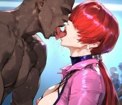 1girls ai_generated big_breasts big_nipples breasts breasts breasts busty chocopizza clothed dark-skinned_male dark_skin dripping earrings female interracial jacket king_of_fighters licking licking_tongue light-skinned_female light_skin long_hair ponytail red_hair saliva shermie_(kof) tied_hair tongue tongue_out voluptuous voluptuous_female