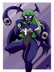 crossover darkstalkers demon_girl demon_wings female finger_in_mouth green_hair large_breasts marvel marvel_comics marvel_vs._capcom morrigan_aensland sharp_claws sharp_teeth spider-man_(series) succubus symbiote tentacle tentacles venom_(marvel)