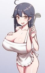 ahoge alternate_breast_size apron black_hair breasts brown_eyes cleavage collarbone cowboy_shot female frilled_apron frills gradient_background grey_background highres huge_breasts kantai_collection ladle long_hair naked_apron sideboob solo ushio_(kantai_collection) white_apron yuki_to_hana