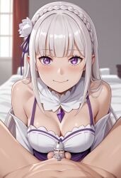 1boy 1girls ai_generated chastity chastity_cage chastity_device dominant_female emilia_(re:zero) female female_domination femdom male malesub obedience obedient_sub small_penis trainingrnai_generated