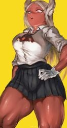 1girls 2020 big_breasts boku_no_hero_academia breasts dark-skinned_female dark_skin female female_focus female_only fully_clothed gloves hand_on_hip hero_outfit_(mha) ibuo long_hair looking_down miruko muscular muscular_thighs my_hero_academia rabbit_ears rumi_usagiyama school_uniform schoolgirl shounen_jump simple_background solo solo_female solo_focus thick_thighs thighs thunder_thighs white_hair yellow_background