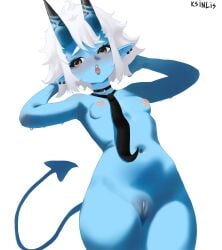 1girls blue_body blue_skin blush breasts choker demon_tail female horns ksinlis naked nipples nude nude_female open_mouth pointy_ears pussy short_hair small_breasts solo soukaku tail tie white_background white_hair yellow_eyes zenless_zone_zero