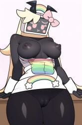 ai_assisted blonde_hair fundamental_paper_education horns knightnyan long_hair nipples pouting pussy rainbow ruby_(fundamental_paper_education) tv_head