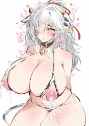 1girls ahe_gao areolae big_breasts big_thighs blush breasts busty cow_ears cow_print cow_print_bikini cow_tail cowbell crotchless crotchless_bikini female hair_over_one_eye honkai:_star_rail huge_breasts huge_thighs jing_yuan lactation large_breasts large_thighs nipples rule_63 thick_thighs thighs voluptuous white_background yomi25