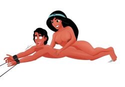 aladdin aladdin_(character) bondage canon_couple disney disney_princess femdom naked nipples princess_jasmine straight tickle tickling