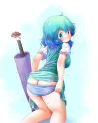 1girls arinu ass blue_eyes blue_hair blue_panties blush closed_mouth from_behind gradient_hair heterochromia karakasa_obake kneeling kogasa_tatara looking_at_viewer looking_back multicolored_hair panties polka_dot polka_dot_panties red_eyes short_hair short_sleeves solo touhou umbrella underwear wet wet_clothes