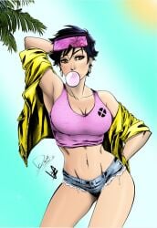 beach belly_button blowing_bubblegum dannith eyewear_on_head female hand_behind_head hips jubilation_lee jubilee large_breasts marvel marvel_comics posing short_hair_female short_shorts x-men