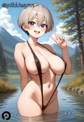 :d ai_generated areola_slip arm_behind_back bangs bare_shoulders black_one-piece_swimsuit blue_eyes blue_sky blush breasts cloud collarbone covered_nipples cowboy_shot day female grey_hair hair_between_eyes hand_up large_breasts looking_at_viewer mountain navel one-piece_swimsuit open_mouth outdoors pikkiwynn pond short_hair sky sling_bikini slingshot_swimsuit smile solo standing stomach swimsuit teeth thighs tree uzaki-chan_wa_asobitai! uzaki_hana v wading water