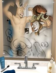 2024 anthro antlers balls_drawing bathroom beard bgn biceps bovid brush brushing brushing_teeth caprine casual_nudity cellphone cobra deer doorway electronics facial_hair faucet first_person_view flexing flexing_bicep flexing_both_biceps goat goatee group hi_res holding_cellphone holding_object holding_phone holding_smartphone horn humor lotion male male/male mammal manly memphis mirror muscular navel nude pecs penis_drawing phone reptile scalie selfie smartphone smile snake steam strategically_covered taking_selfie toothbrush towel trio