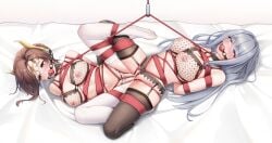 2girls absurdres alexandria_(xenoblade) arms_behind_back ball_gag barefoot bed_sheet black_thighhighs blue_eyes bondage bound bound_together braid breasts brown_hair commentary crotch_rope empty_eyes ethel_(xenoblade) fishnet_bra flan_ling forehead_protector gag green_eyes grey_hair hair_bun highres inverted_nipples lactation large_breasts long_hair multiple_girls nipples pussy_juice saliva simple_background thighhighs tribadism variant_set white_thighhighs xenoblade_(series) xenoblade_chronicles_3