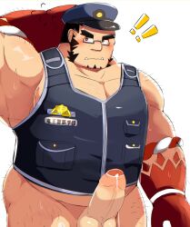 1boy absurdres arm_hair bara belly buto_(bhtoss) chest_hair cowboy_shot erection flying_sweatdrops foreskin hachimaki hairy hat headband highres large_pectorals leg_hair long_sideburns male_focus male_only mature_male muscular muscular_male navel navel_hair nejiri_hachimaki pectoral_cleavage pectorals plump police police_hat police_uniform policeman precum precum_drip short_hair sideburns solo tajikarao_(tokyo_afterschool_summoners) thick_eyebrows thick_thighs thighs tokyo_afterschool_summoners tusks uncensored uniform