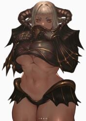 1girls 2021 armor female female_focus hips horns ibuo looking_at_viewer midriff red_eyes simple_background solo solo_female solo_focus thick_thighs thighs underboob white_background white_hair wide_hips