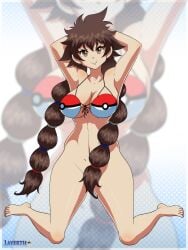 brown_hair convenient_censoring covering_pussy gotcha!_girl_(pokemon) layerth long_pigtails pokeball_clothing pokemon posing_for_the_viewer short_hair swimsuit_top