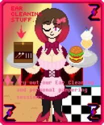 background bete_noire betty_noire big_breasts black_thighhighs breasts brown_hair burger cleaning_supplies cleaning_tool dialogue drink food glitchtale large_boobs large_breasts maid maid_outfit maid_uniform neck_ribbon one_closed_eye pink_eyes pixel_art plate red_hair red_shoes ribbon_in_hair shoes thighhighs transparent_background z!betty zixy