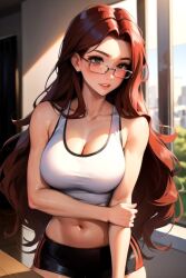 ai_generated booty_shorts cleavage college glasses library original red_eyes