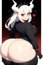 1girls ai_generated ass ass_focus big_ass daidouji_(artist) daidoujipv demon_girl demon_horns helltaker long_hair looking_at_viewer looking_back lucifer_(helltaker) red_eyes solo thick_thighs thighs white_hair