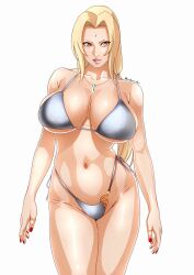 1girls alternate_version_available big_breasts bikini bikini_bottom bikini_top blonde_hair bottomwear breasts brown_eyes cleavage female female_only forehead_jewel hair hips huge_breasts lips mature mature_female mature_woman milf nail_polish nails naruto naruto_(series) necklace neckwear red_nail_polish red_nails saburo_des solo solo_female swimwear thick_lips thighs topwear tsunade white_background white_bikini