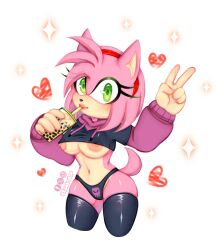 1girls 2d amy_rose areola_slip breasts candy crop_top cropped_hoodie diadem eyelashes female green_eyes hairband iyakulp lipstick no_bra panties pink_fur sonic_(series) sonic_the_hedgehog_(series) thighhighs underboob