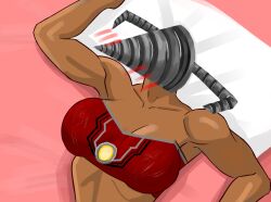 bed bedroom blush blush_lines blushing drill_head female female_focus female_only muscular_arms pillow red_bra rule63 rule_63 skibidi_toilet skibidi_toilet_multiverse sundarts titan_drillman