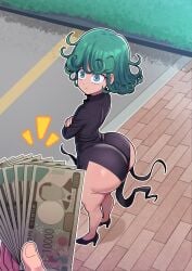 angry angry_face arms_crossed big_ass big_butt blue_eyes bottom_heavy bribe bribery freshnsfw fully_clothed green_hair huge_ass light-skinned_female light_skin money one-punch_man roadside small_breasts tatsumaki text text_bubble tight_clothing