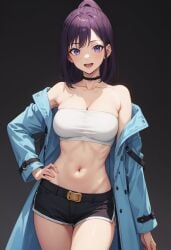 1girls ai_generated female female_focus female_only hi_res looking_at_viewer open_clothes open_jacket open_mouth purple_eyes purple_hair smile solo solo_female solo_focus solo_leveling sung_jin-ah