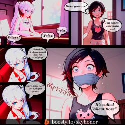 ai_generated black_hair blue_eyes bondage comic english_text female femdom femsub gag gagged gagged_speech grey_eyes red_highlights ruby_rose rwby tape_gag weiss_schnee white_hair
