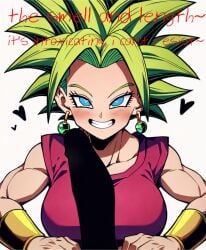 ai_generated big_penis blue_eyes caption cuckold cuckold_pov dragon_ball dragon_ball_super earrings gorilla4sale_artist) green_hair heart-shaped_pupils heart_eyes intoxicated kefla netorare ntr pov small_penis_humiliation smile