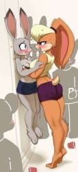 barefoot blonde_hair blush bunny_ears burgerkiss clothing drunk heart-shaped_pupils held_up judy_hopps lola_bunny rabbit size_difference tagme yuri