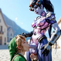 1boy 1futa ai_generated balls blowjob breasts crossover cum cum_in_mouth duo fellatio futa_on_male futanari link link_(breath_of_the_wild) male malesub oral oral_sex overwatch penis penis_in_mouth straight testicles the_legend_of_zelda widowmaker