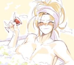 1girls artist_request bath big_breasts blush breasts female_focus female_only hilda_(under_night_in-birth) large_breasts looking_at_viewer sketch sweat sweatdrop towel towel_on_head under_night_in-birth unknown_artist wine wine_glass