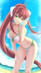 1girls absurdly_long_hair ahoge anime_style beach bending_forward bending_over big_breasts bikini breasts brown_hair cleavage cloud collarbone doki_doki_literature_club elforein female female_only front-tie_bikini front-tie_top green_eyes hair_between_eyes hair_intakes hair_ribbon halterneck hand_on_own_thigh hand_up holding holding_bottle holding_object leaning_forward light_blush light_particles long_legs long_sidelocks looking_at_viewer monika_(doki_doki_literature_club) navel one_eye_closed ponytail sand seaside seductive side-tie_bikini_bottom sidelighting sidelocks sky smile solo sunlight swimsuit wavy_hair white_bikini white_ribbon wind